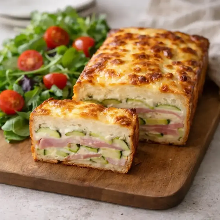 Torta salata di pane in cassetta con zucchine, prosciutto e salsa di formaggio