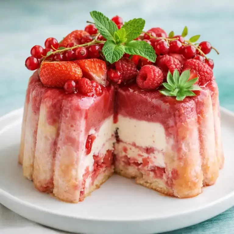 Torta fredda di frutti rossi con cuore gelatinoso e copertura di bacche