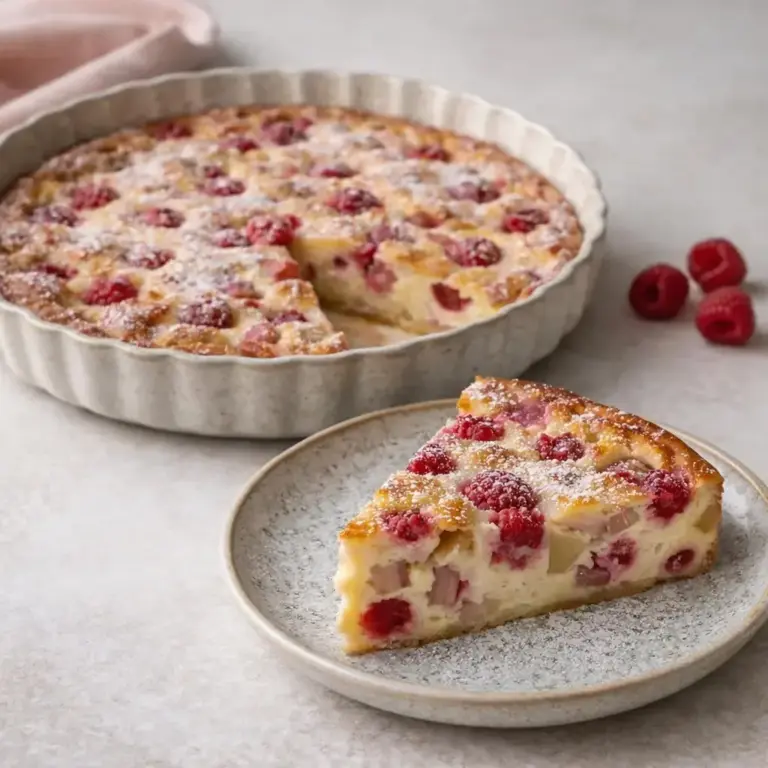 Clafoutis leggero con lamponi e cubetti di rabarbaro senza pasta