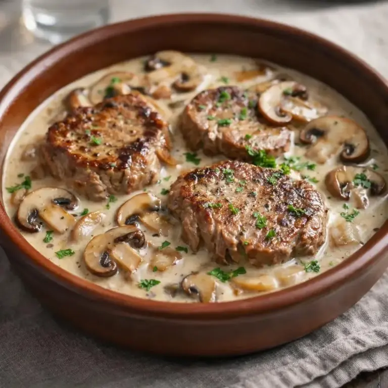 Filet mignon con crema, scalogni e funghi saltati
