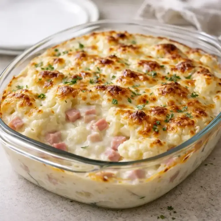 Gratin di cavolfiore e dadini di prosciutto al forno con besciamella leggera