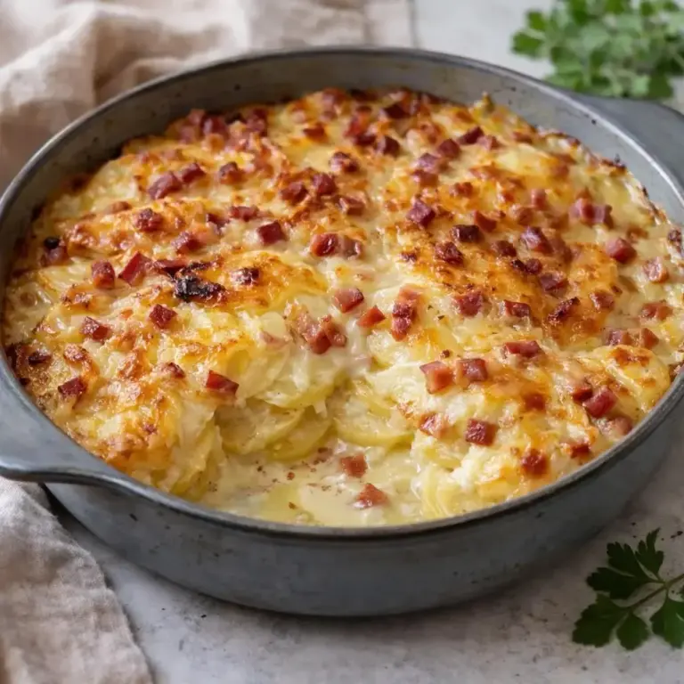 Gratin di patate con pancetta, reblochon e crema all’aglio