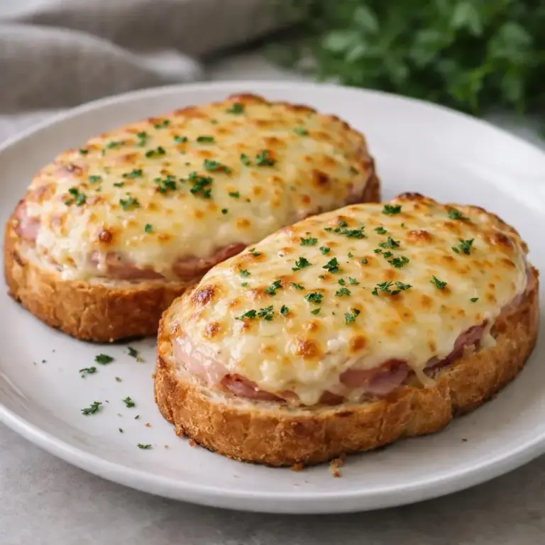 Tartine gratinate con prosciutto e formaggio, salsa al burro e senape